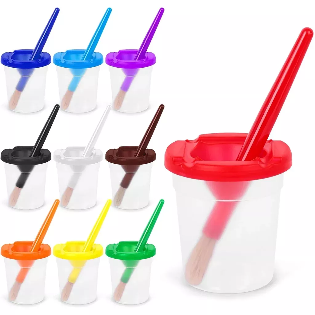 10-paint-cups-with-lids-10-brushes-reusable-kids-painting-set 10 Paint Cups with Lids & 10 Brushes, Reusable Kids Painting Set