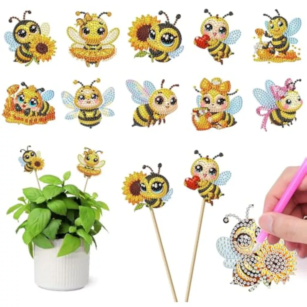 10-pcs-bees-diamond-painting-kits-garden-decor-adult-crafts-flag-stakes-diamond- 10 Pcs Bees Diamond Painting Kits for Garden Decor, Adult Crafts, Flag Stakes Diamond Art Kits
