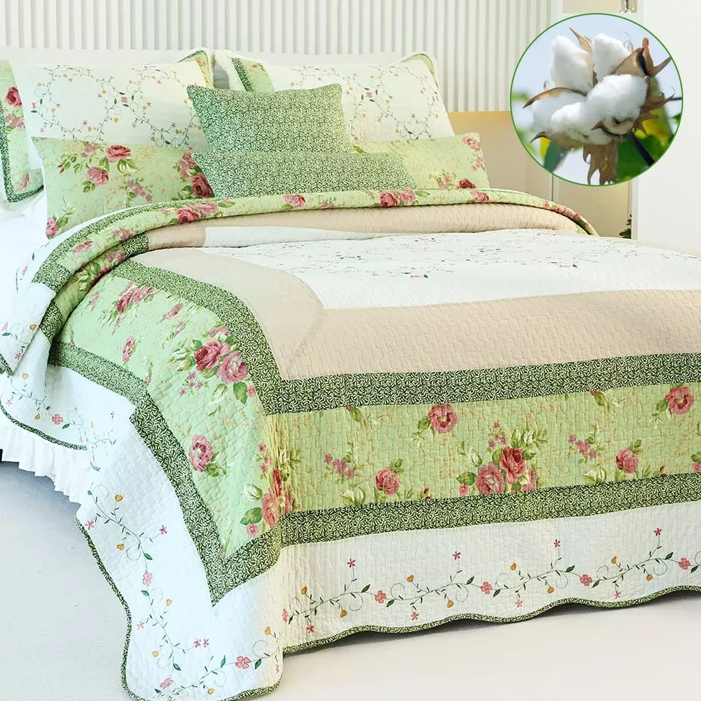 100-cotton-quilt-queen-size-bedding-set-floral-lightweight-quilt-reversible-c 100% Cotton Quilt Queen Size Bedding Set Floral Lightweight Quilt Reversible C