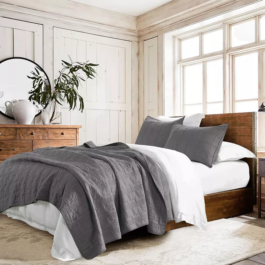 100-cotton-quilt-set-king-size-grey-pre-washed-3-piece-bedspread-coverlet-se 100% Cotton Quilt Set King Size, Grey Pre-Washed 3-Piece Bedspread Coverlet Se