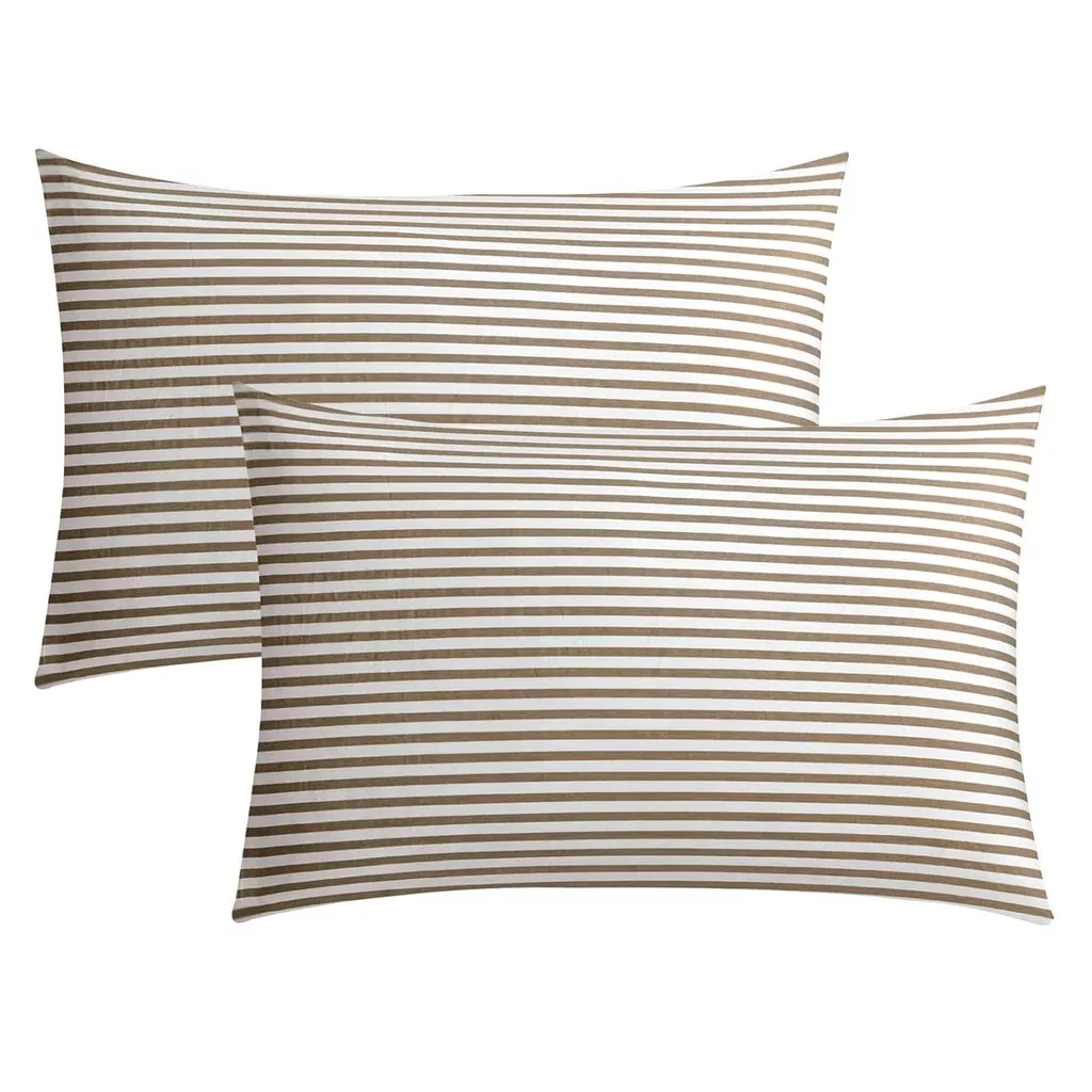 100-natural-cotton-striped-queen-pillowcases-set-2-pack-white-khaki-stri 100% Natural Cotton Striped Queen Pillowcases Set, 2 Pack White And Khaki Stri