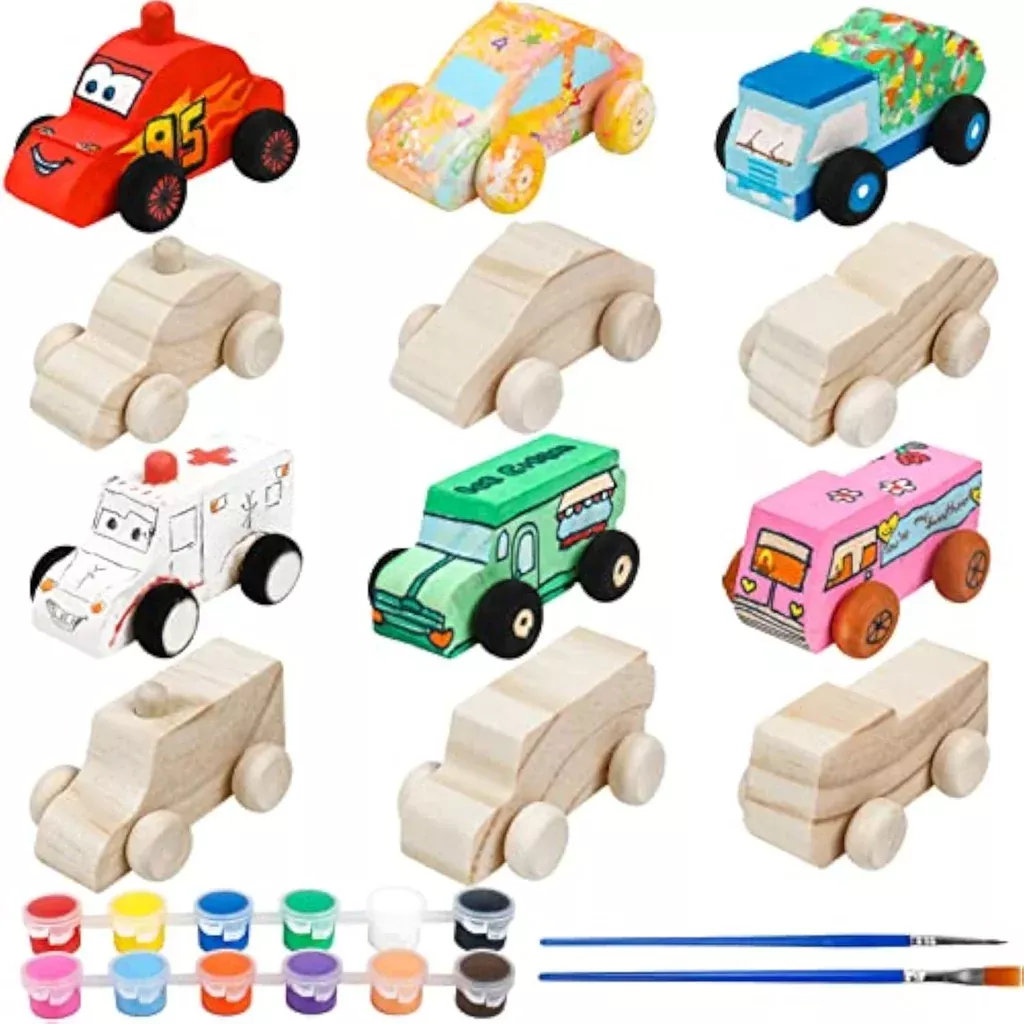 12 Pcs Unfinished Wooden Cars to Paint, DIY Craft Toys for Kids Ages 3-5