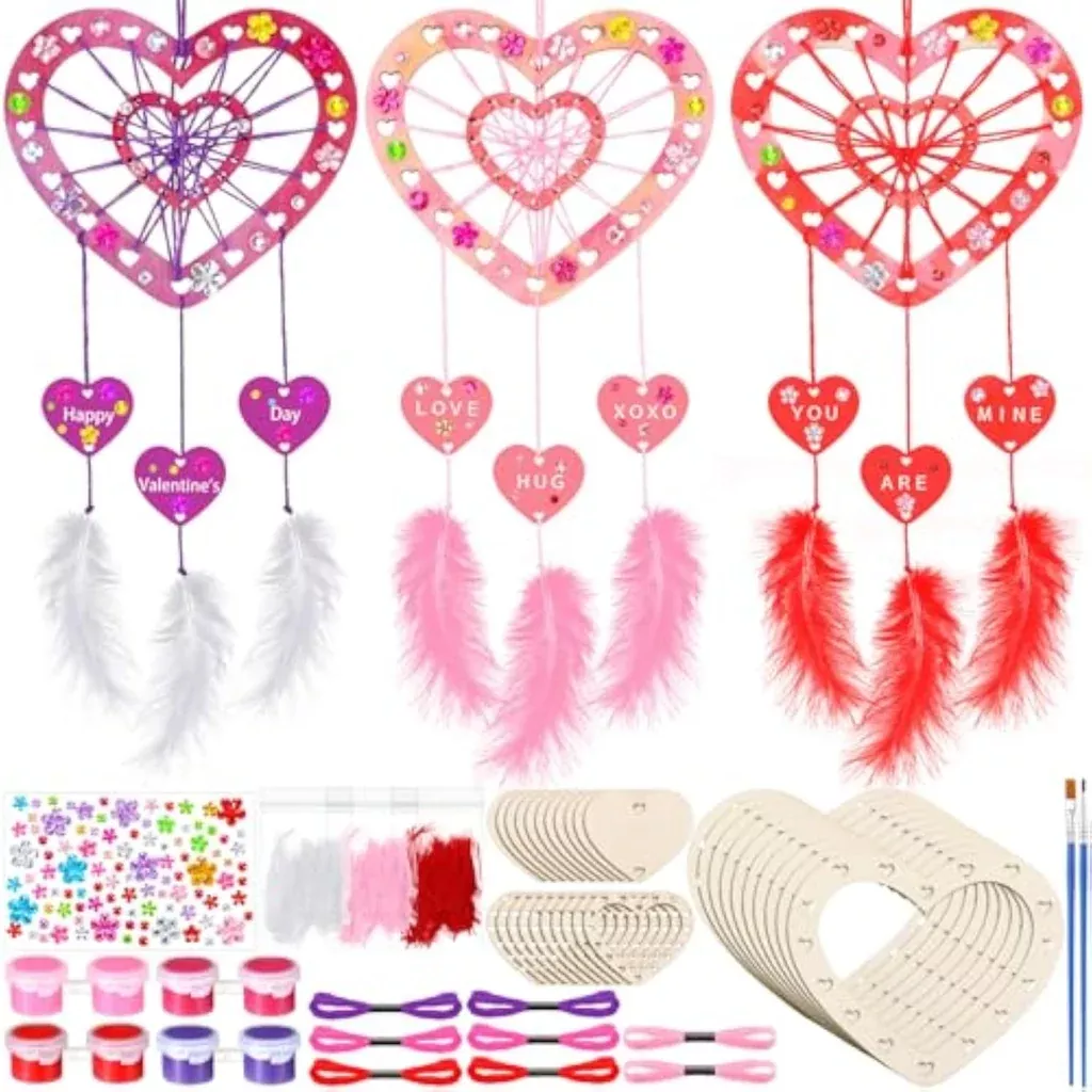 12-sets-valentine-s-heart-dream-catcher-craft-kit-diy-wooden-painting-activity 12 Sets Valentine's Heart Dream Catcher Craft Kit, DIY Wooden Painting Activity