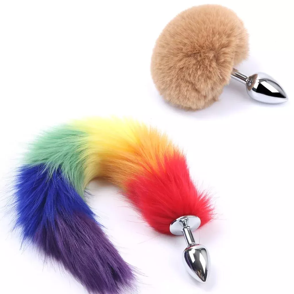 2pcs-set-fox-tail-anal-butt-plug-bunny-tail-stainless-steel-plug-sexy-toys-flirt 2Pcs/Set Fox Tail Anal Butt Plug Bunny Tail Stainless Steel Plug Sexy Toys Flirting Tools For Adults Cosplay &Sm Role Play Gradient (Rainbow)