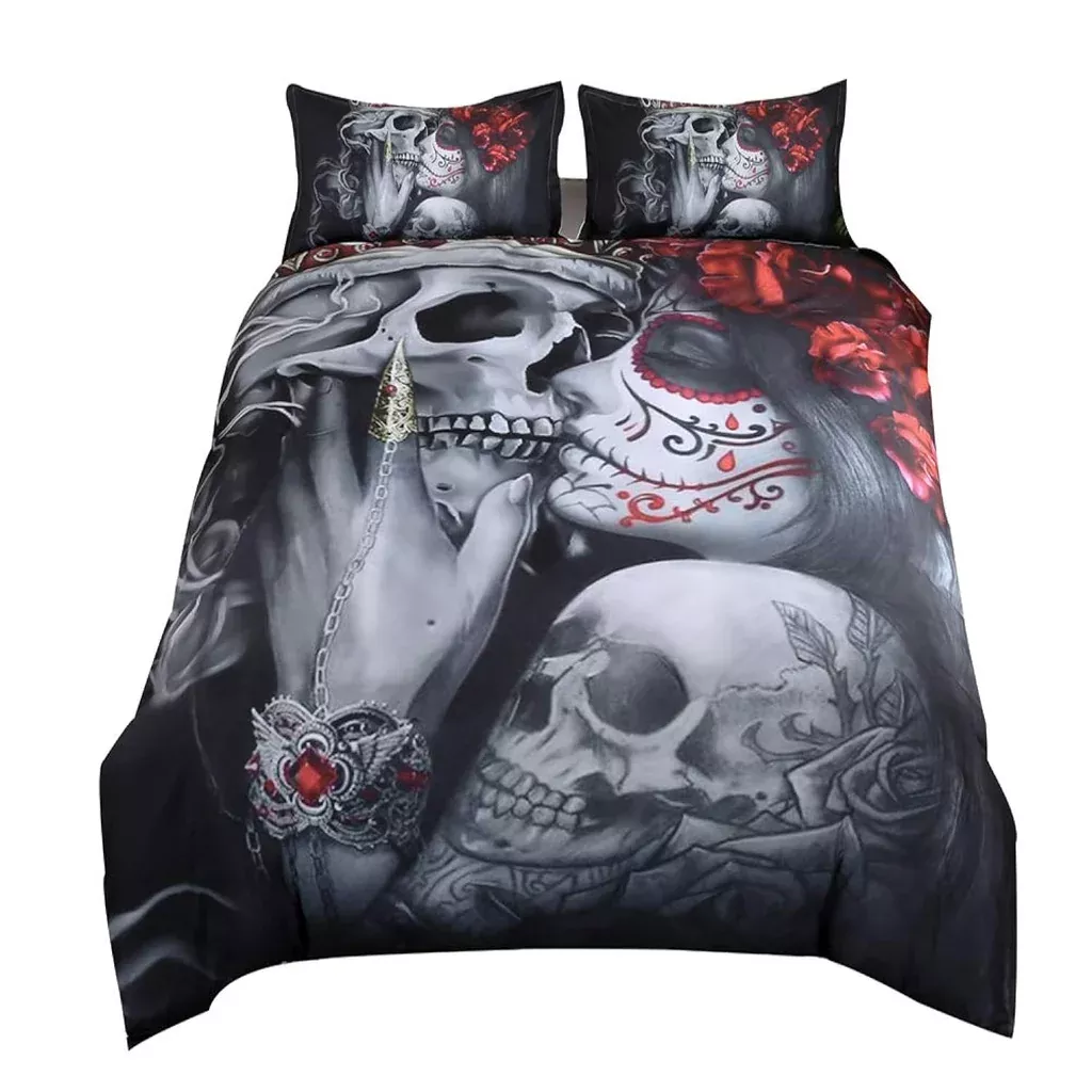 bedding-duvet-cover-sets-3d-dead-sugar-skull-girl-kissing-skull-home-beddin , Bedding Duvet Cover Sets, 3D Dead Sugar Skull Girl Kissing Skull Home Beddin