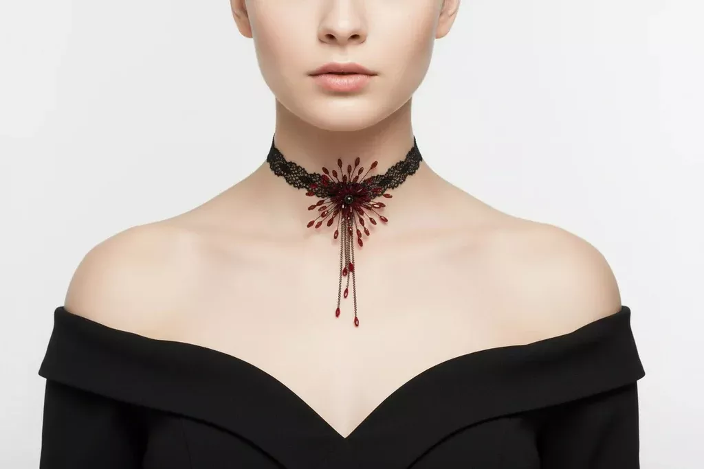 black-lace-choker-with-red-pearl-petals Black Lace Choker With Red Pearl Petals
