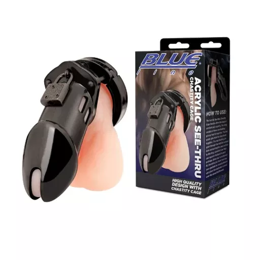 blue-line-acrylic-see-thru-chastity-cock-cage-black Blue Line Acrylic See-thru Chastity Cock Cage Black
