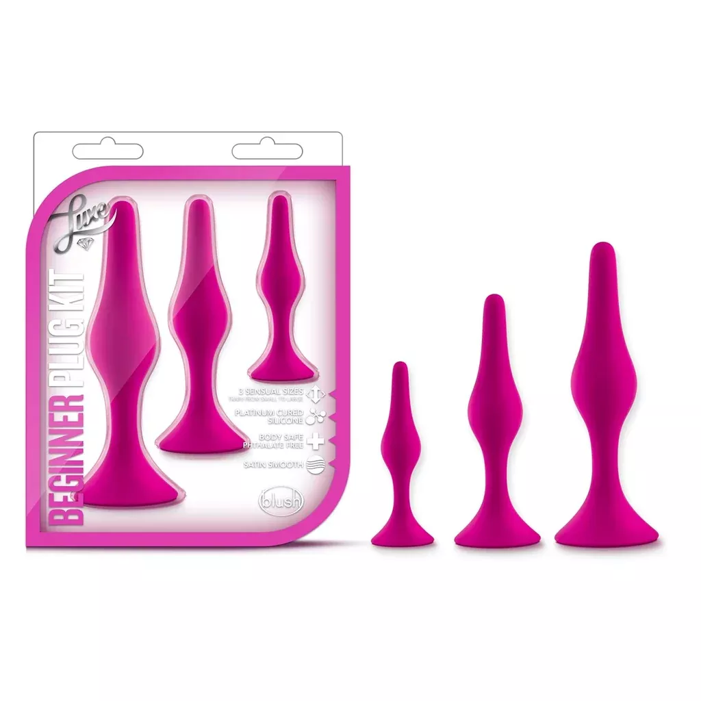 Blush Luxe Silicone Butt Plug Kit - Anal Training Set For Beginners Advanced Users - Soft, Tapered Heads - Satin Smooth - Suction Cup Base - Pleasurable Sex Toys For Women, Men & Couples - (Pink)