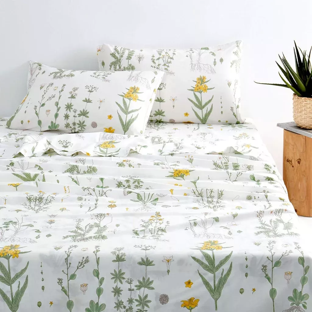 botanical-sheet-set-100-cotton-bedding-cottagecore-yellow-flowers-gre '- Botanical Sheet Set, 100% Cotton Bedding, Cottagecore Yellow Flowers And Gre