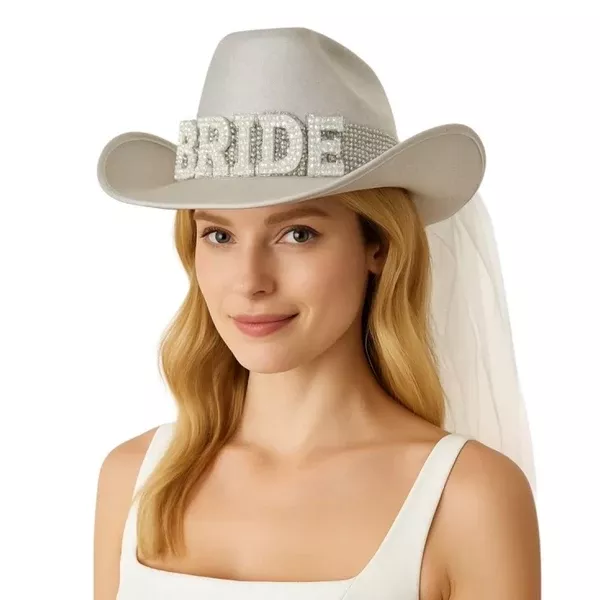 bride-cowgirl-hat-with-veil-white "Bride" Cowgirl Hat with Veil - White