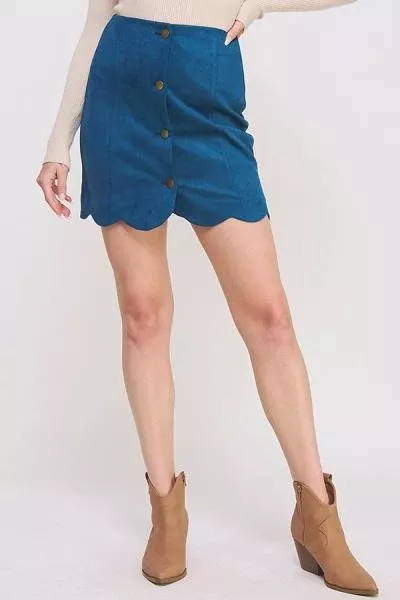 Button Down Scallop Hem Suede Straight Short Skirt - Teal -