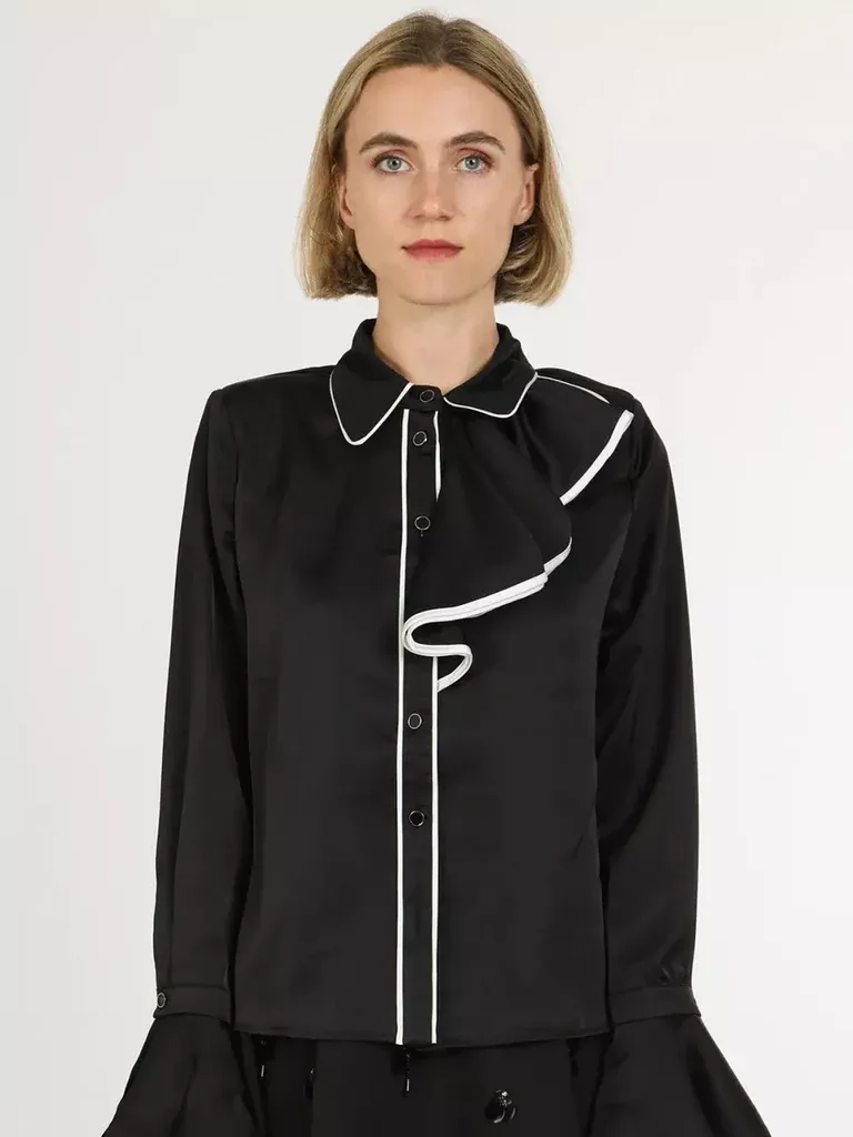 Contrast Trim Asymmetrical Ruffles Satin Blouse - Black -