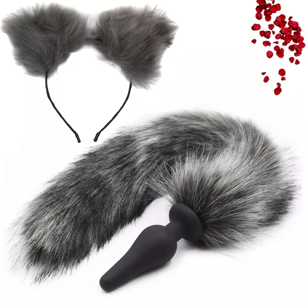 Cosplay Gray Wolf Tail Anal Plug Kit With Matching Ears - Silicone Butt Plug & Fluffy Faux Fur Tail Adult Fantasy Roleplay Sex Toys For Couples, Halloween Accessories, Furry Enthusiasts