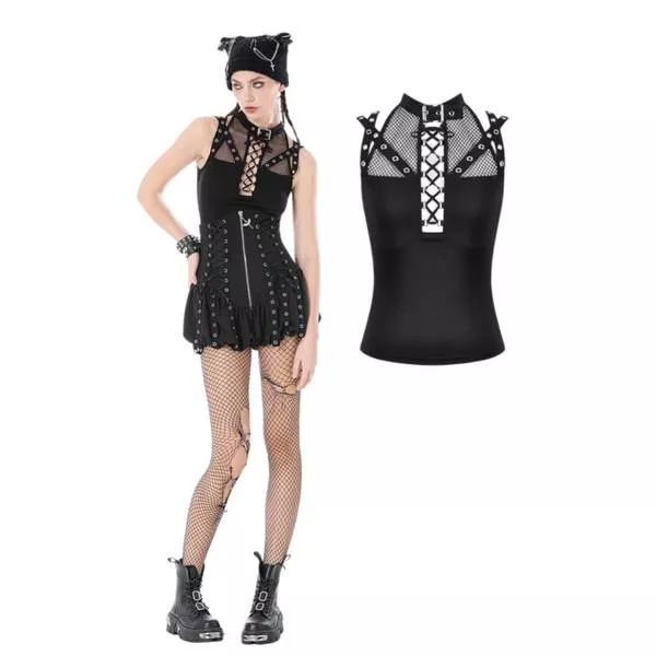 Dark in Love Fishnet Punk Mesh Strap Lace-Up Top - Black -