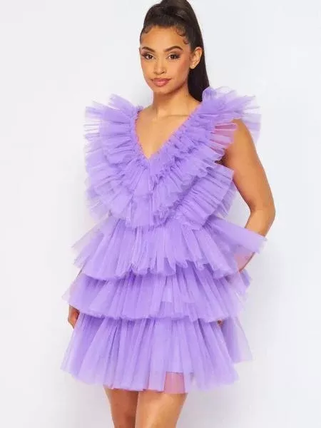 deep-v-tiered-tulle-mini-dress-purple Deep V Tiered Tulle Mini Dress - Purple -