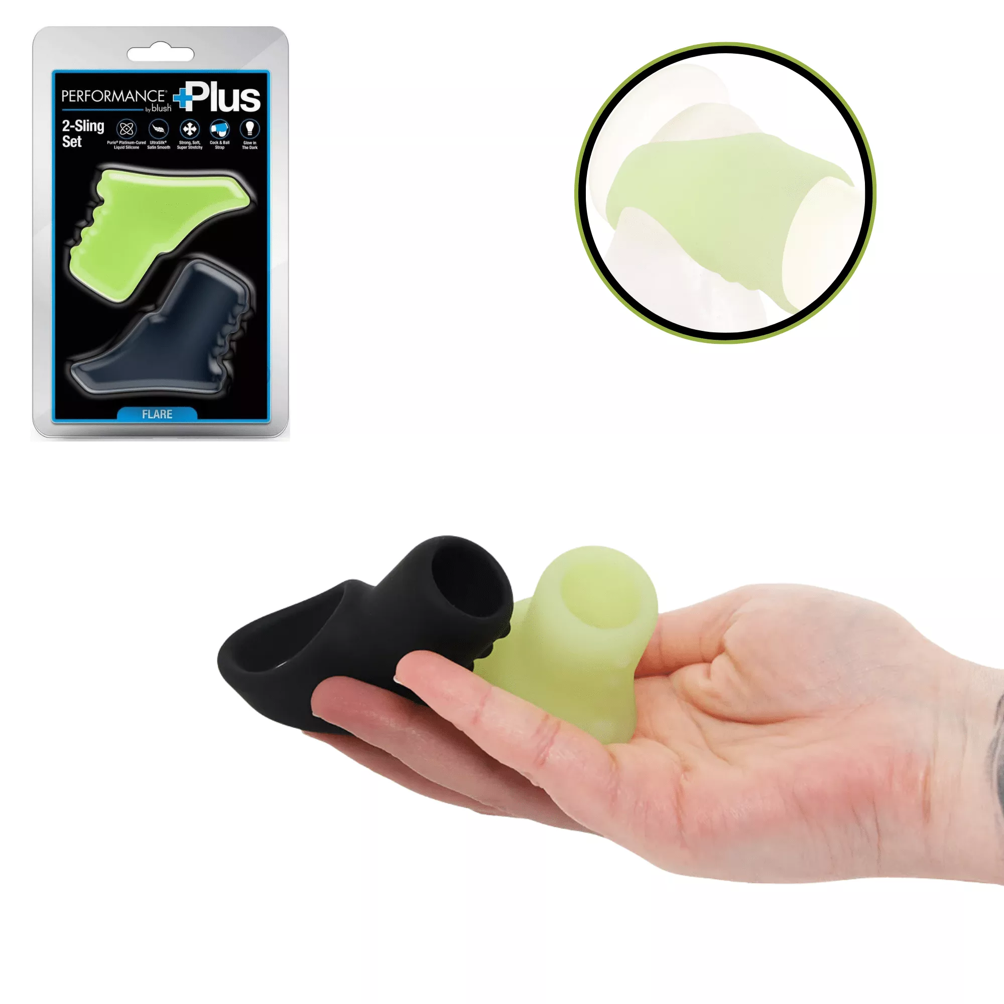 Flare Glow In The Dark Platinum-Cured Liquid Silicone 2 Cocksling Set – In Neon