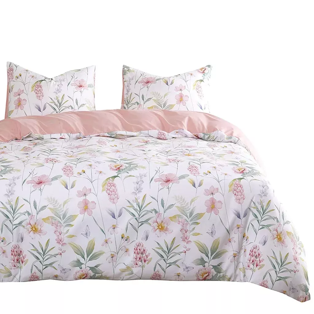 floral-comforter-set-pink-botanical-flower-green-tree-leaves-pattern-pr '- Floral Comforter Set, Pink Botanical Flower And Green Tree Leaves Pattern Pr