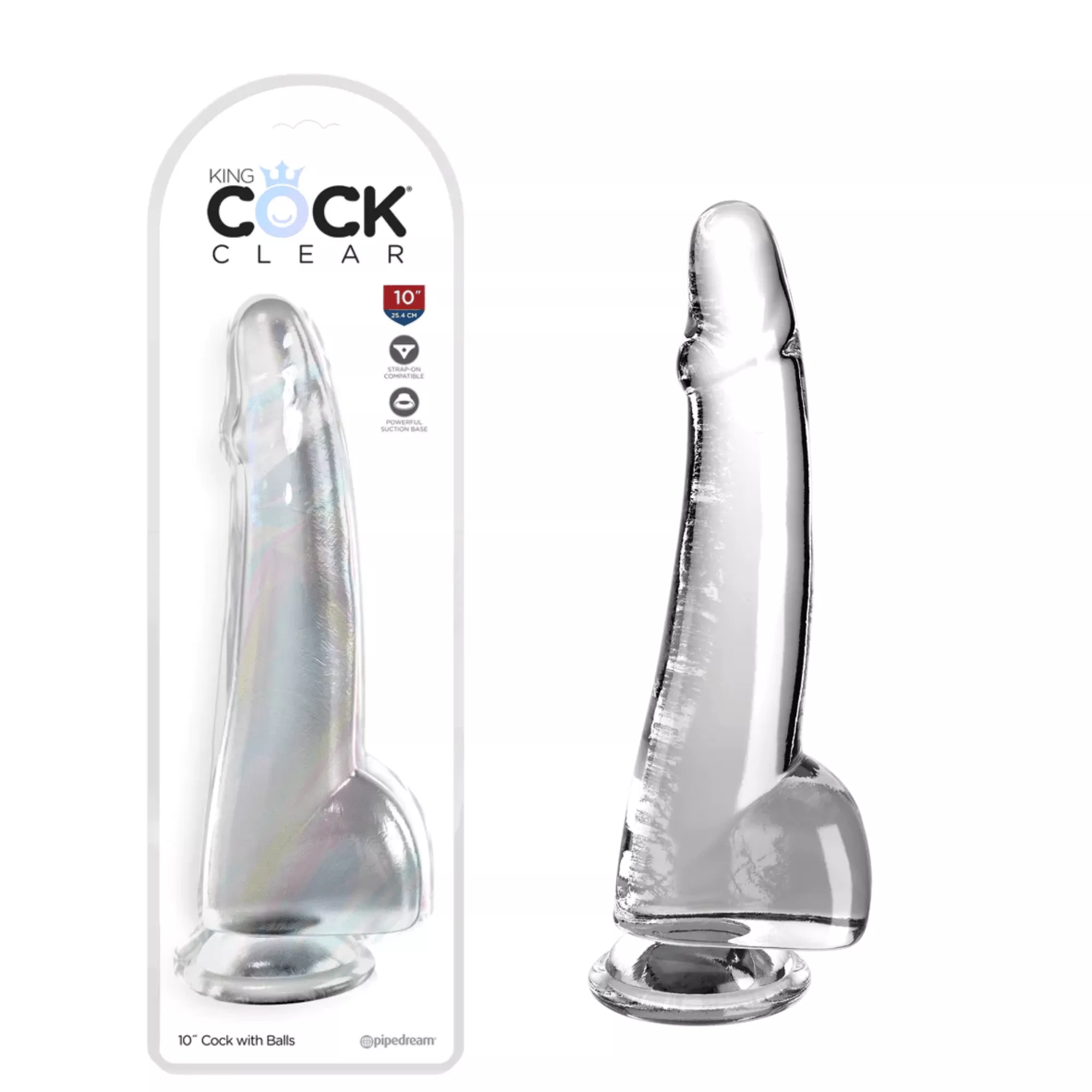 King Cock With Balls 10-inch Strap-on Compatible Powerful Suction Cup Pegging Dildo – Clear