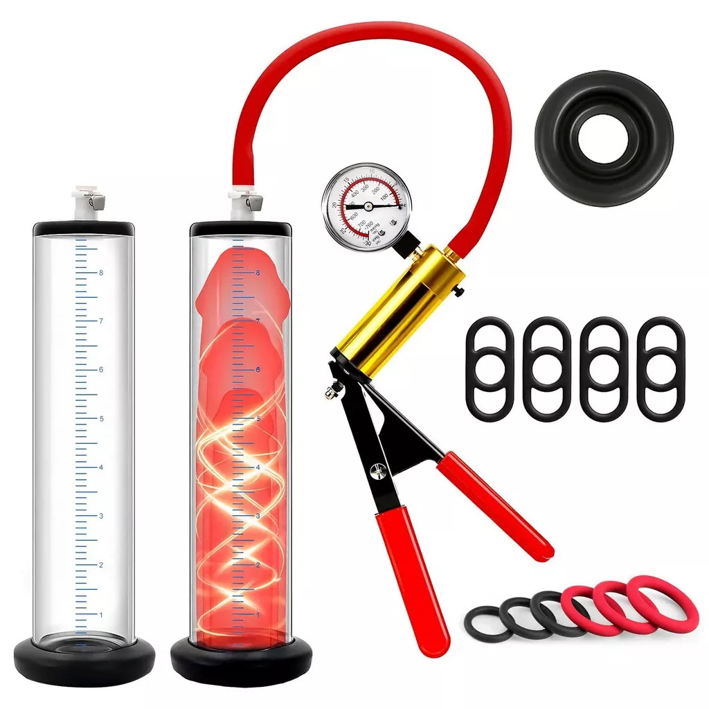 manual-penis-pump-male-pump-system-with-red-metal-handle-dick-pump-with-pressure Manual Penis Pump Male Pump System With Red Metal Handle Dick Pump With Pressure Gauge Sex Toy - Pumps & Enlargers Penile Vacuum Pump For Men To Increase Penis Size 9 X 1.75 Inch