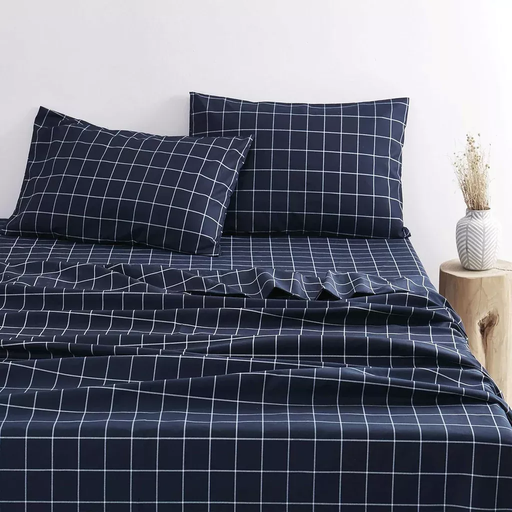 navy-blue-sheet-set-white-grid-plaid-geometric-pattern-printed-soft-microf '- Navy Blue Sheet Set, White Grid Plaid Geometric Pattern Printed, Soft Microf