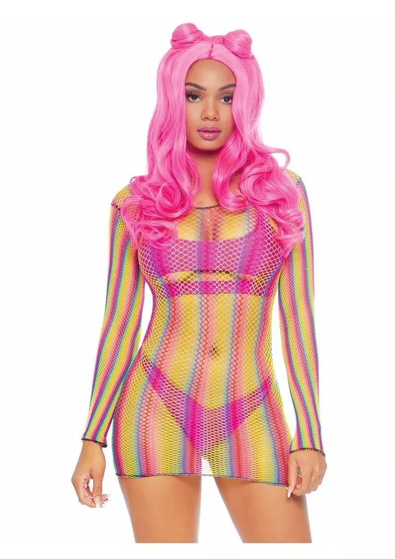 rainbow-fishnet-long-sleeve-mini-dress Rainbow Fishnet Long Sleeve Mini Dress