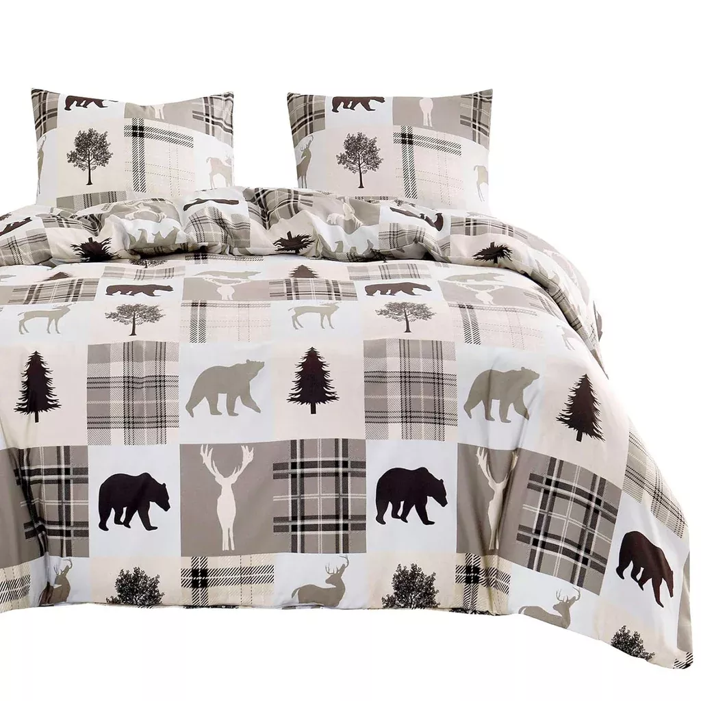 rustic-patchwork-comforter-set-lodge-woodland-wildlife-bear-moose-elk-pine '- Rustic Patchwork Comforter Set, Lodge Woodland Wildlife Bear Moose Elk Pine