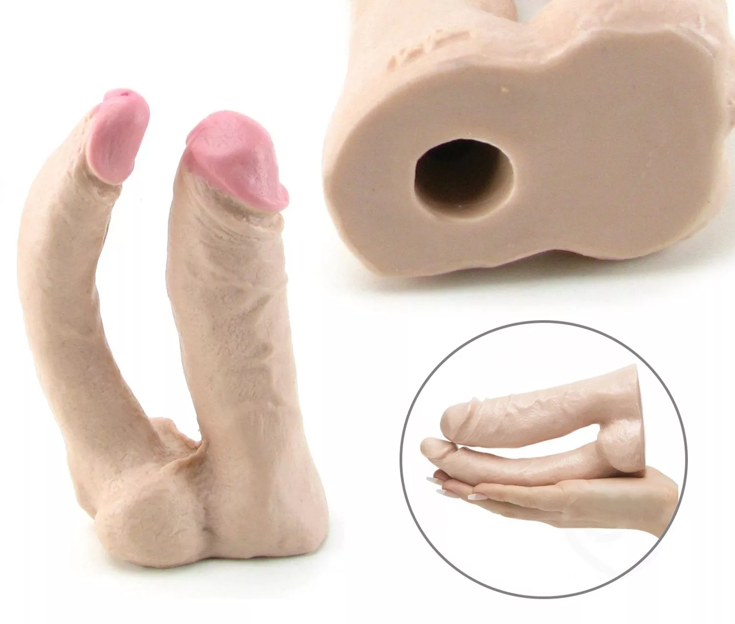 Vac U Lock Double Penetration Dildo 5 and 6 Inch Natural