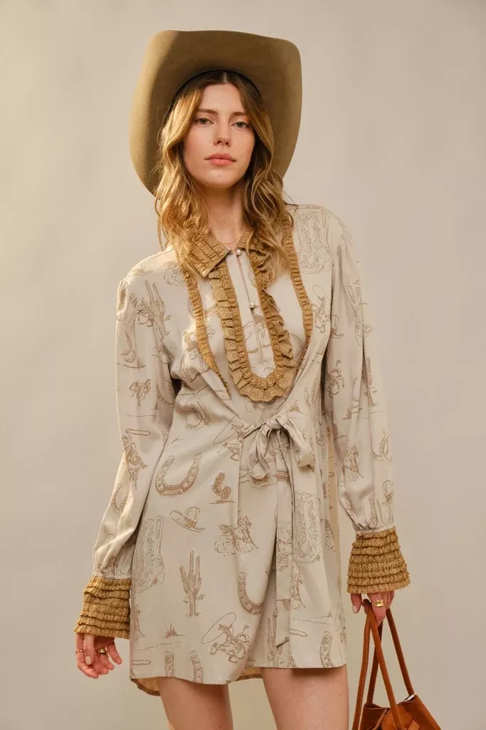 western-graphic-ruffle-tie-waist-mini-dress-sand Western Graphic Ruffle Tie Waist Mini Dress - Sand -