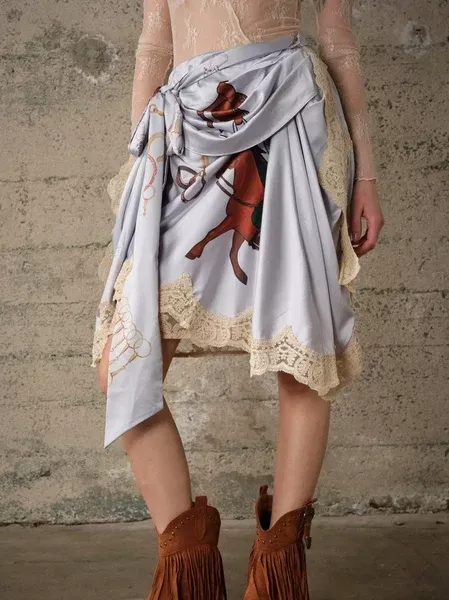 western-print-lace-trim-wrap-skirt-baby-blue Western Print Lace Trim Wrap Skirt - Baby Blue -