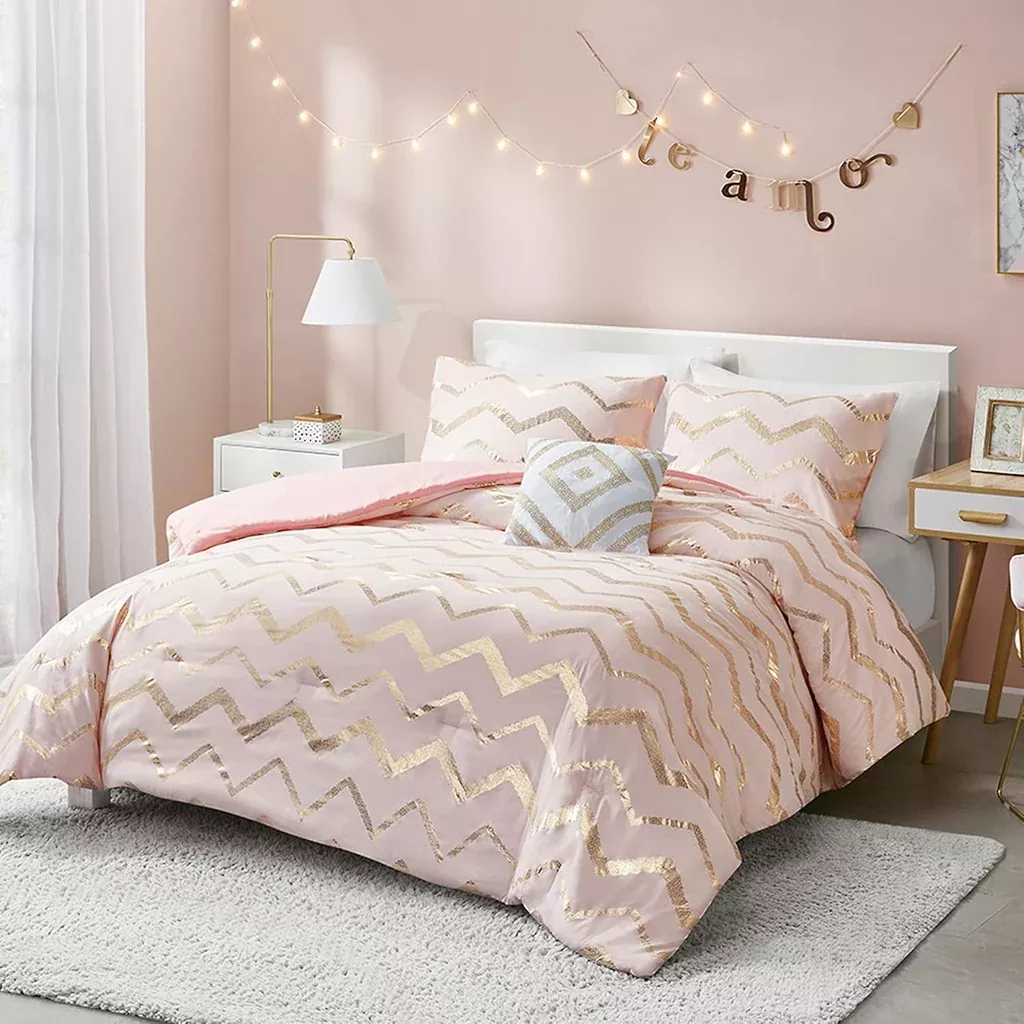 ziggy-pink-rose-gold-comforter-set-full-queen-size-bed-metallic-print-t Ziggy Pink / Rose Gold Comforter Set For Full/Queen Size Bed, Metallic Print T